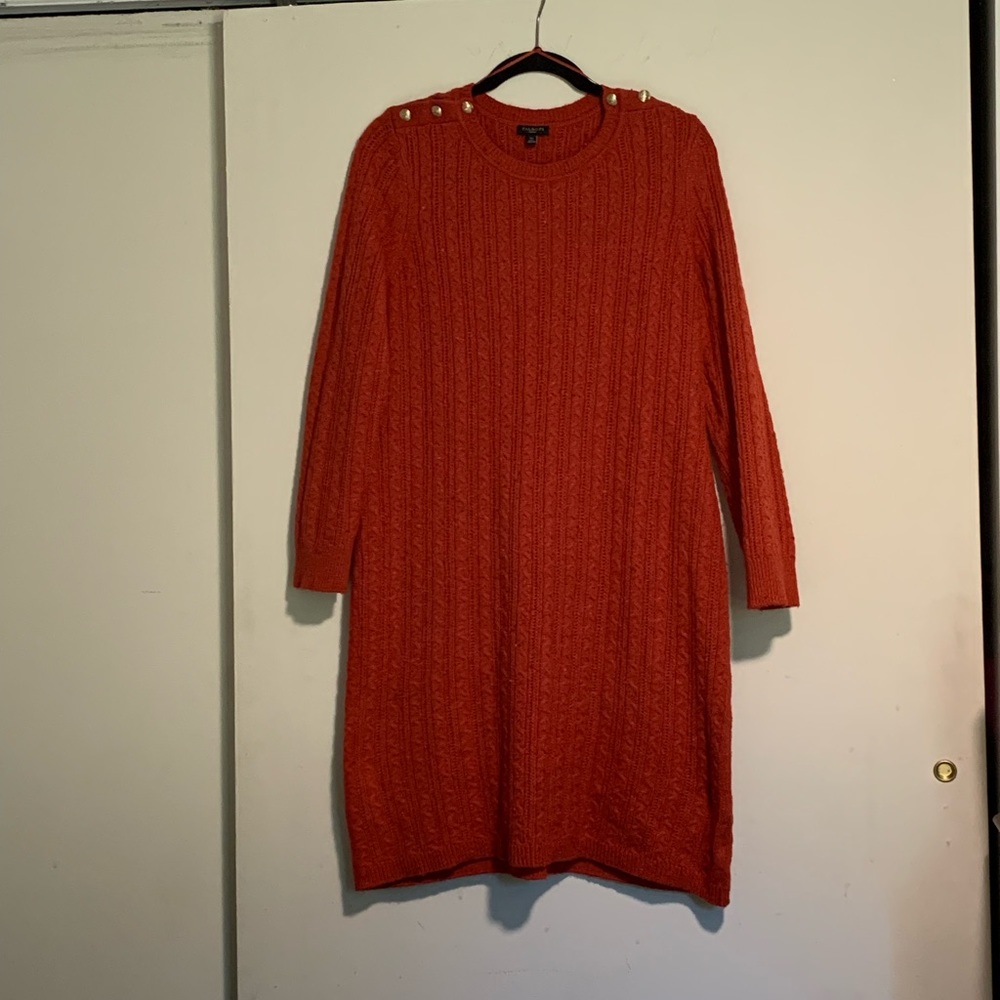 Talbots Cableknit Button Shoulder Sweater Dress, Size LP, Rich Russett Tweed